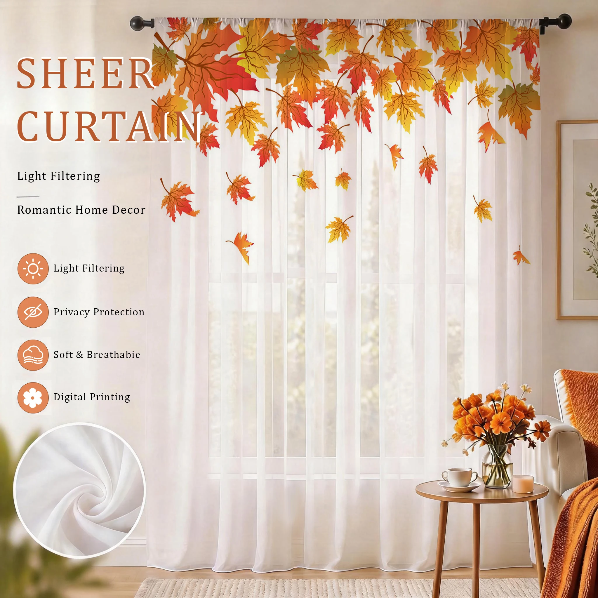 Curtain Sheer Voile - ผ้าม่านโปร่งแสงลายใบเมเปิ้ลแบบไล่เฉดสีทันสมัย คุณภาพดี ลดแสงได้ดี หรูหรา ให้ความเป็นส่วนตัว เหมาะสำหรับห้องนั่งเล่น/ห้องนอน/ห้องเด็ก