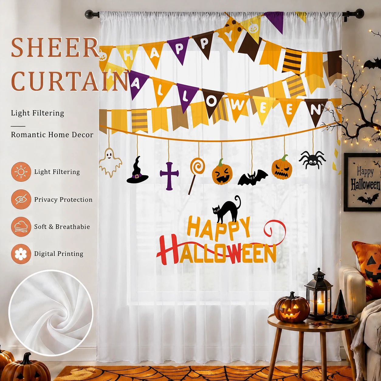Curtain Sheer Voile - ผ้าม่านโปร่งสำหรับเทศกาลฮาโลวีน ผ้าม่านคุณภาพดี ลดแสงและเพิ่มความเป็นส่วนตัว สำหรับห้องนั่งเล่น/ห้องนอน/ห้องเด็ก ของขวัญเทศกาลฮาโลวีน