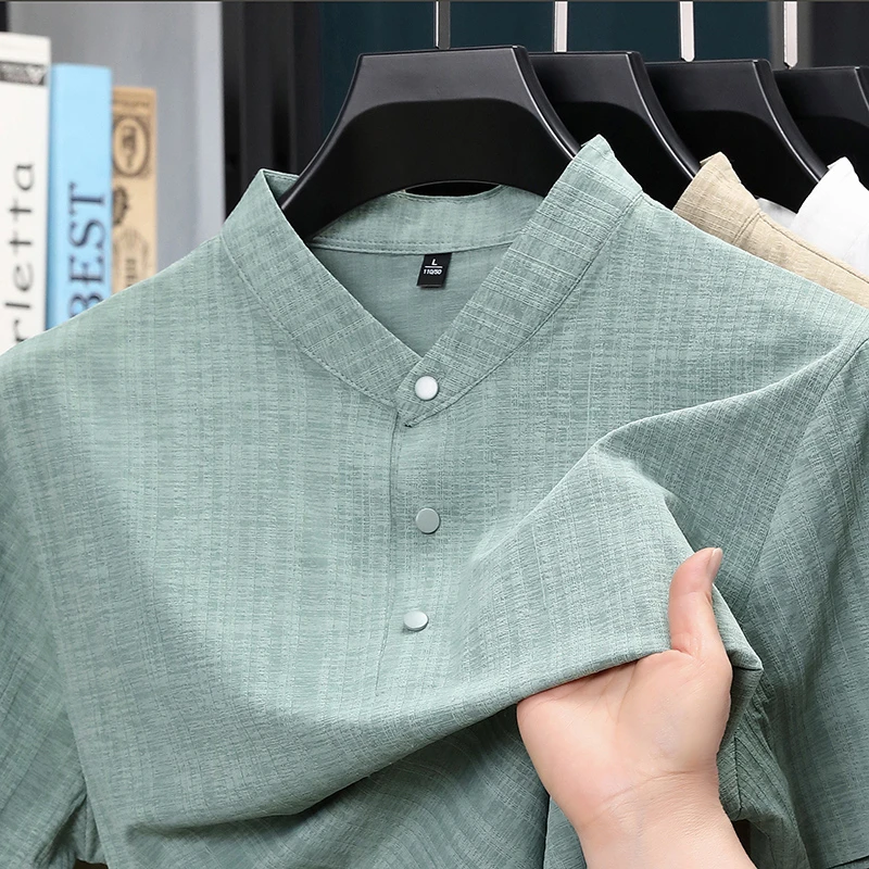 Textiles For Home - เสื้อเชิ้ตผู้ชายคอปกตั้ง ติดกระดุมครึ่งตัว ผ้าเนื้อบางเบา สไตล์ลำลอง ใส่ได้ทุกวัน ใส่เที่ยวเล่น