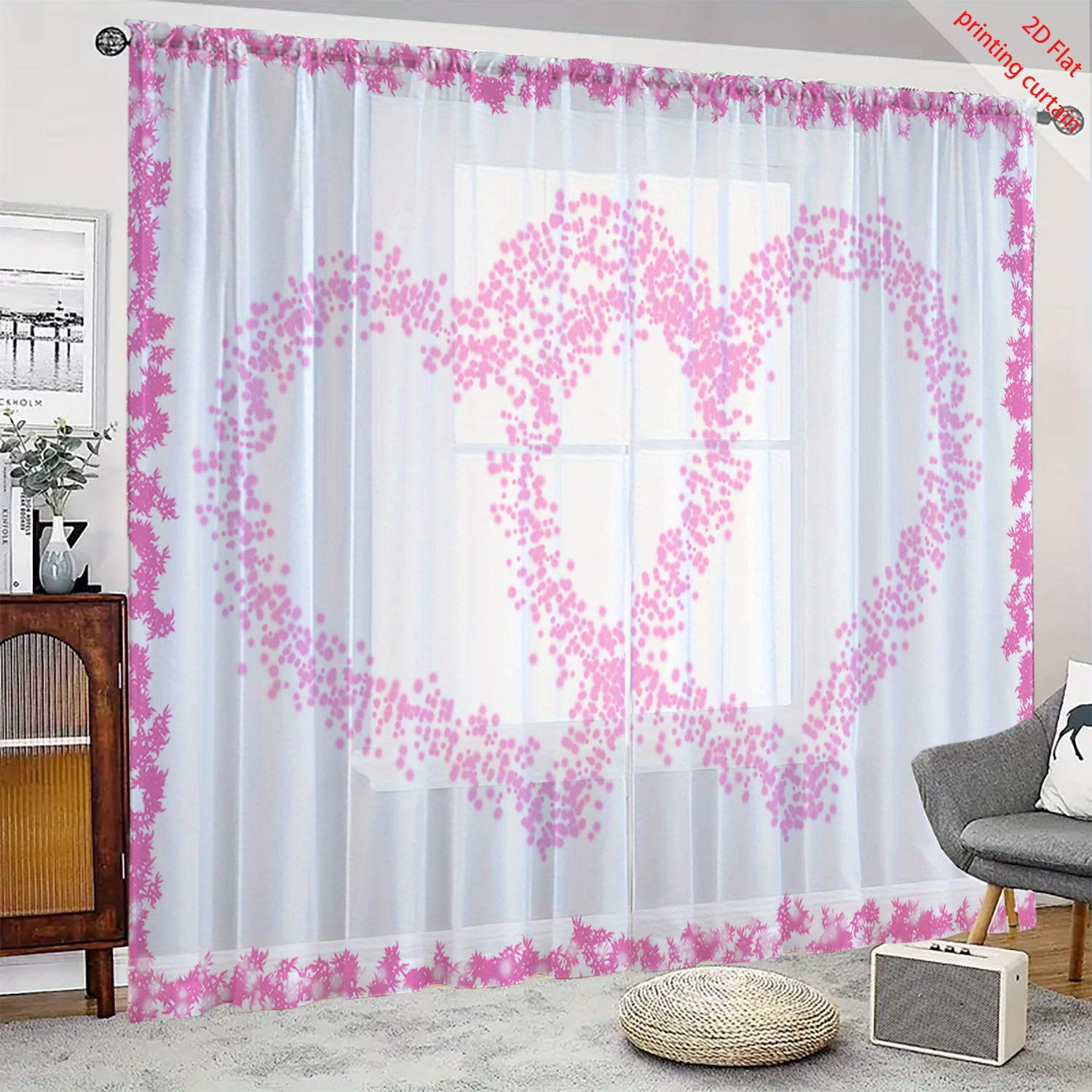 Curtain Sheer Voile - ผ้าม่านโปร่งใสพิมพ์ลายรูปหัวใจสำหรับสำนักงาน บ้าน ห้องนั่งเล่น ระเบียง หน้าต่าง ตกแต่งสวยงาม