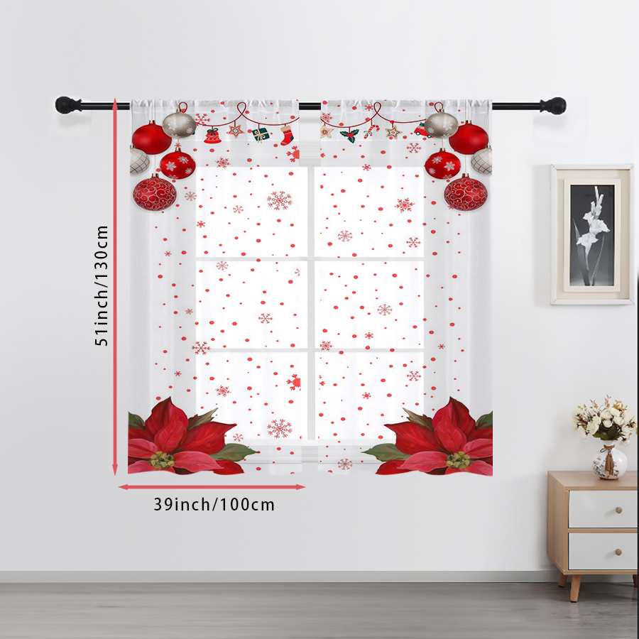 Curtain Sheer Voile - ม่านโปร่งแสง 2 ชิ้น ลายลูกบอลสีแดง คริสต์มาส เกล็ดหิมะ