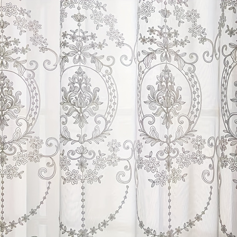 Curtain Sheer Voile - ผ้าม่านโปร่งแสงสีขาวปักลายดอกไม้สไตล์ยุโรปบาโรก 1 ผืน สำหรับห้องนั่งเล่น ห้องนอน และบ้าน