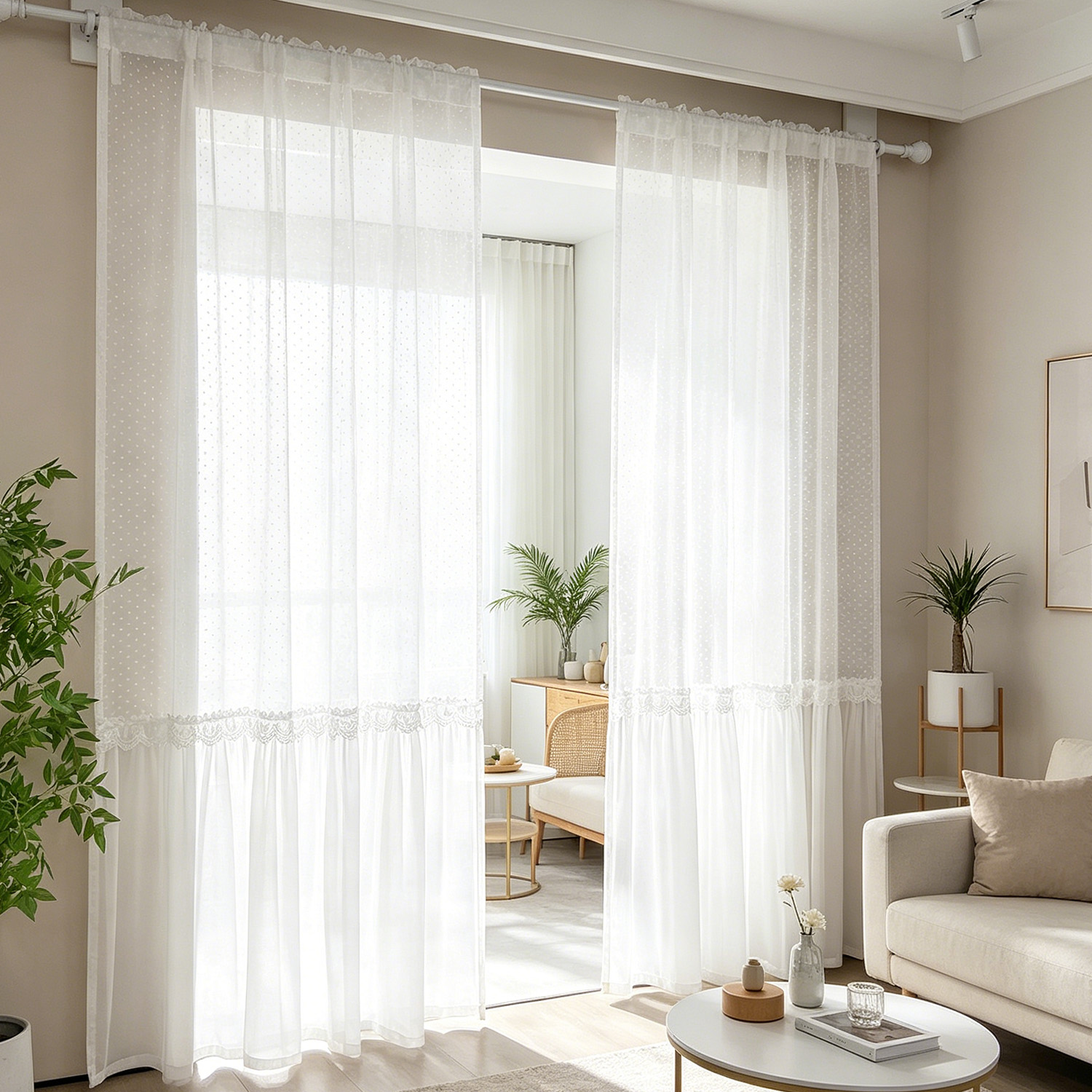 Home Textiles France - ผ้าม่านโปร่งแสงสไตล์ฝรั่งเศส ลายจุด แต่งขอบลูกไม้ สำหรับตกแต่งห้องนอน ห้องนั่งเล่น ห้องเด็กผู้หญิง