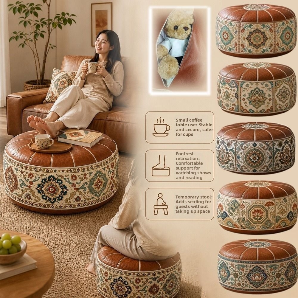 Floor Cushion Pouf - เบาะรองนั่งทรงกลมแบบพับได้ ลายโบโฮ ทำจากหนัง PU ใหม่ พร้อมช่องเก็บของอเนกประสงค์