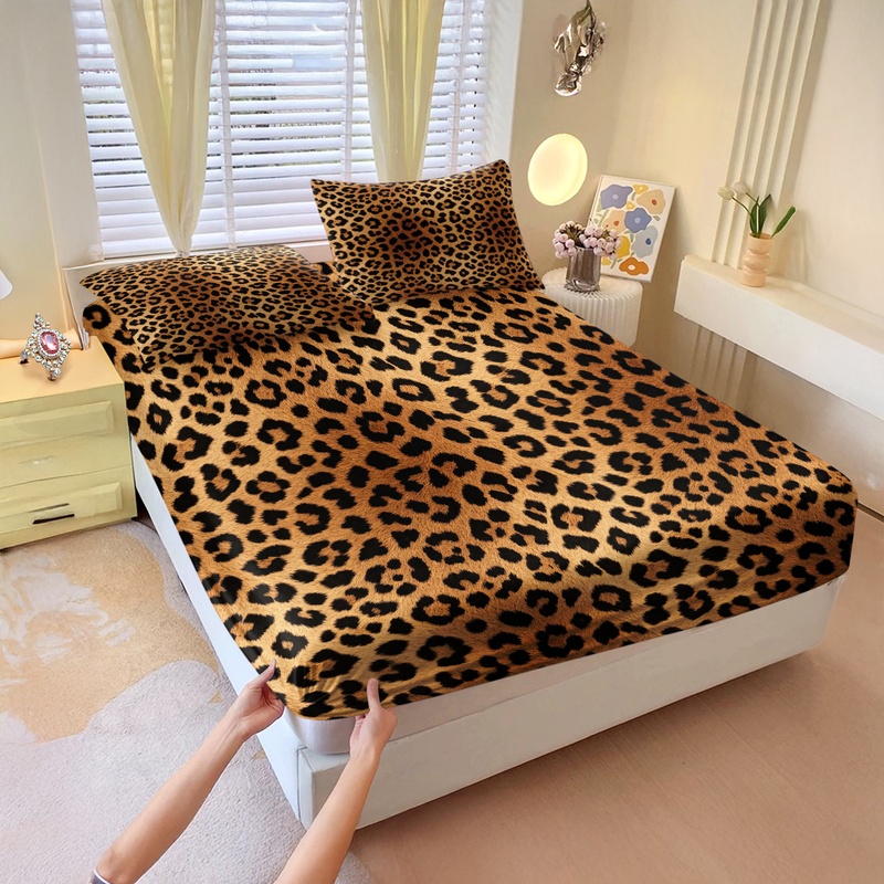Fitted Sheet Deep - ชุดผ้าปูที่นอน 3 ชิ้น ลายเสือดาวสไตล์เรโทร พร้อมขอบยางยืดสำหรับเตียงลึก ระบายอากาศได้ดี