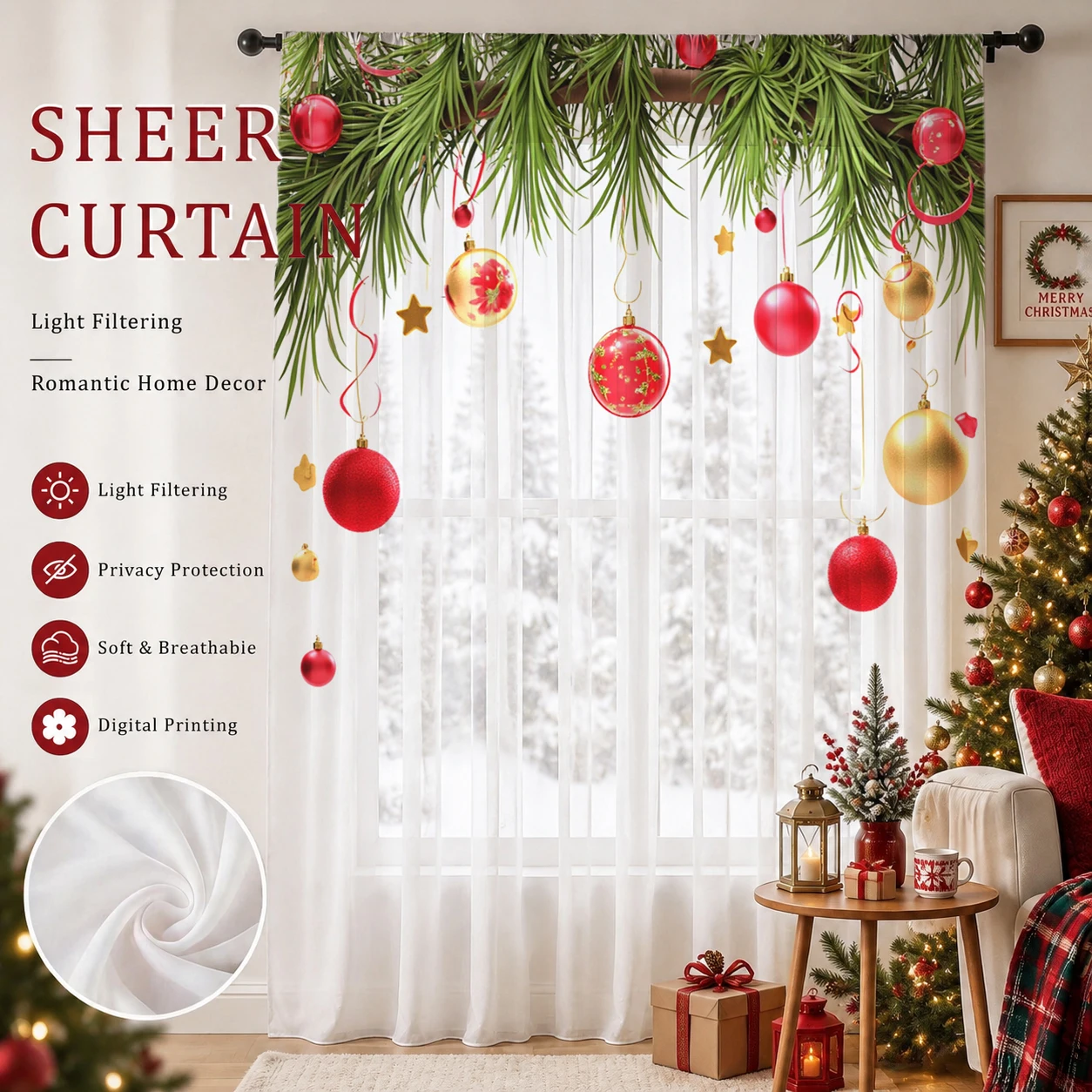 Curtain Sheer Voile - ผ้าม่านโปร่งไล่เฉดสีคริสต์มาส ผ้าม่านโปร่งคุณภาพดี ลดแสงและเพิ่มความเป็นส่วนตัว สำหรับห้องนั่งเล่น/ห้องนอน/ห้องเด็ก ของขวัญวันคริสต์มาส