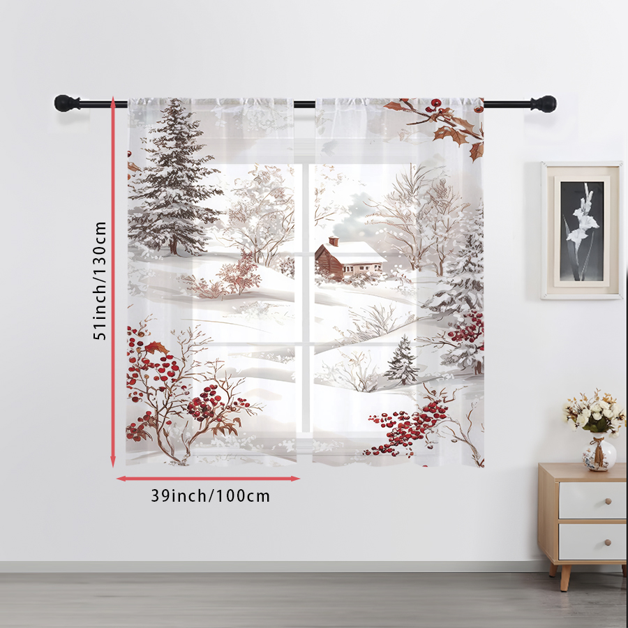 Curtain Sheer Voile - ผ้าม่านโปร่งแสง 2 ชิ้น ลายหมู่บ้านหิมะฤดูหนาว ต้นสนและผลเบอร์รี่สีแดง สำหรับตกแต่งหน้าต่างในห้องนอน