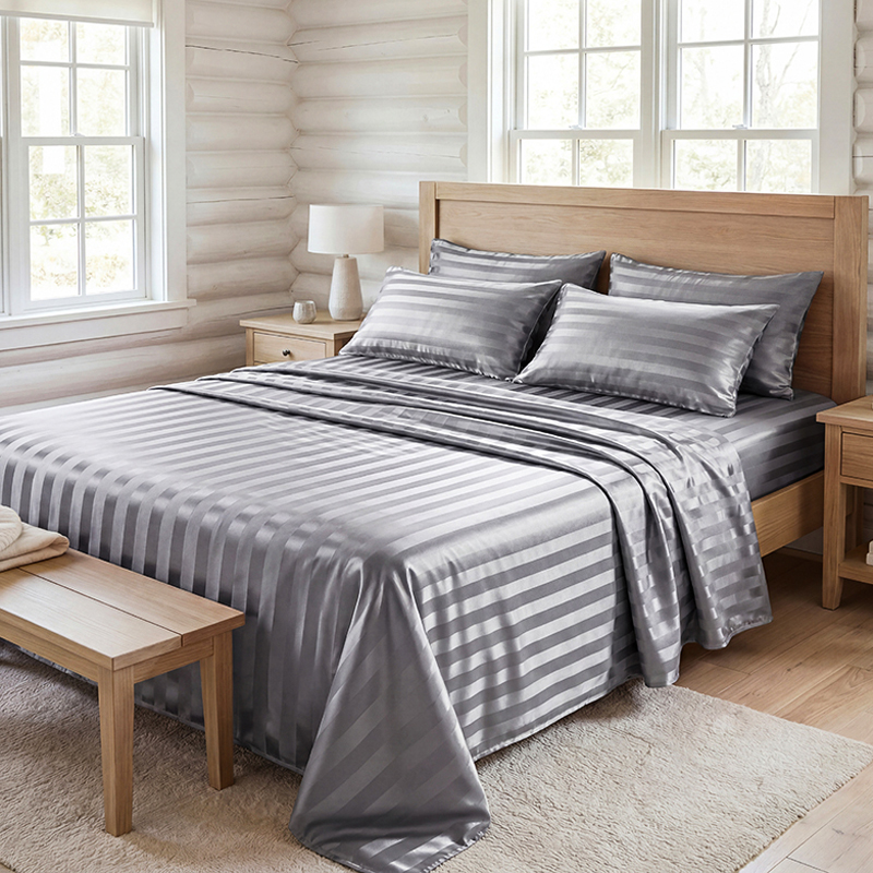 Fitted Sheet Deep - ชุดผ้าปูที่นอนลายทางผ้าซาตินกันยับ ชุดเครื่องนอนเนื้อผ้าเย็นสบาย พร้อมผ้าปูที่นอนแบบรัดมุมขอบลึก ผ้าปูที่นอนแบบเรียบ และปลอกหมอน