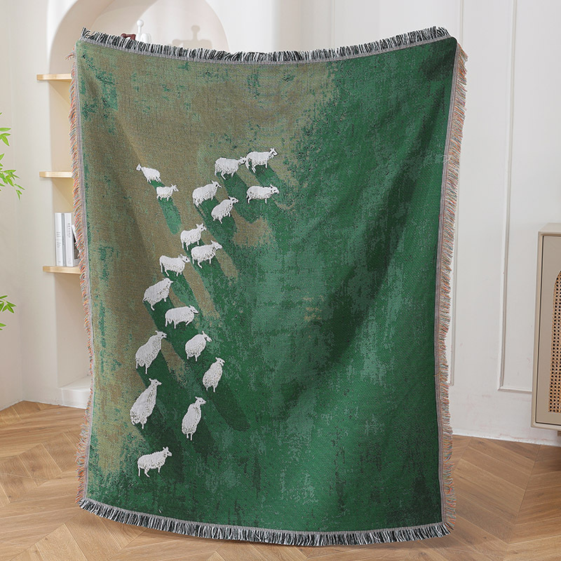 Home Textiles City - ผ้าห่มทอแจ็คการ์ดลายทุ่งหญ้าสีเขียวลายฝูงแกะจากเมืองสิ่งทอ ผ้าห่มตกแต่งลายสัตว์เลี้ยงในฟาร์มชนบทแสนน่ารัก พร้อมชายครุยสำหรับตกแ