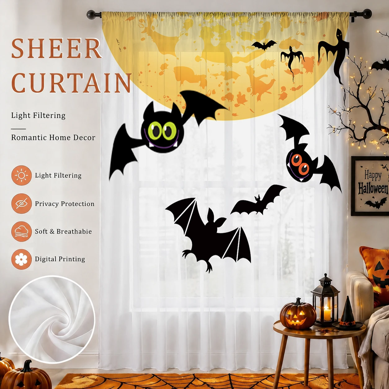 Curtain Sheer Voile - ผ้าม่านโปร่งไล่เฉดสีสำหรับวันฮาโลวีน ผ้าม่านโปร่งคุณภาพดี ลดแสงและเพิ่มความเป็นส่วนตัว สำหรับห้องนั่งเล่น/ห้องนอน/ห้องเด็ก ของขวัญวันแม่