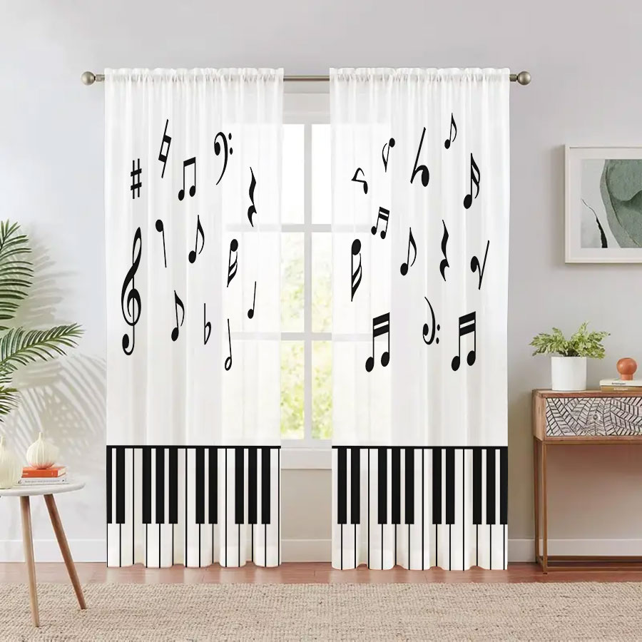 Curtain Sheer Voile - ผ้าม่านโปร่งแสงพิมพ์ลายดิจิตอล 2 ชิ้น ลายโน้ตดนตรีเปียโน ศิลปะดนตรีที่สง่างาม -